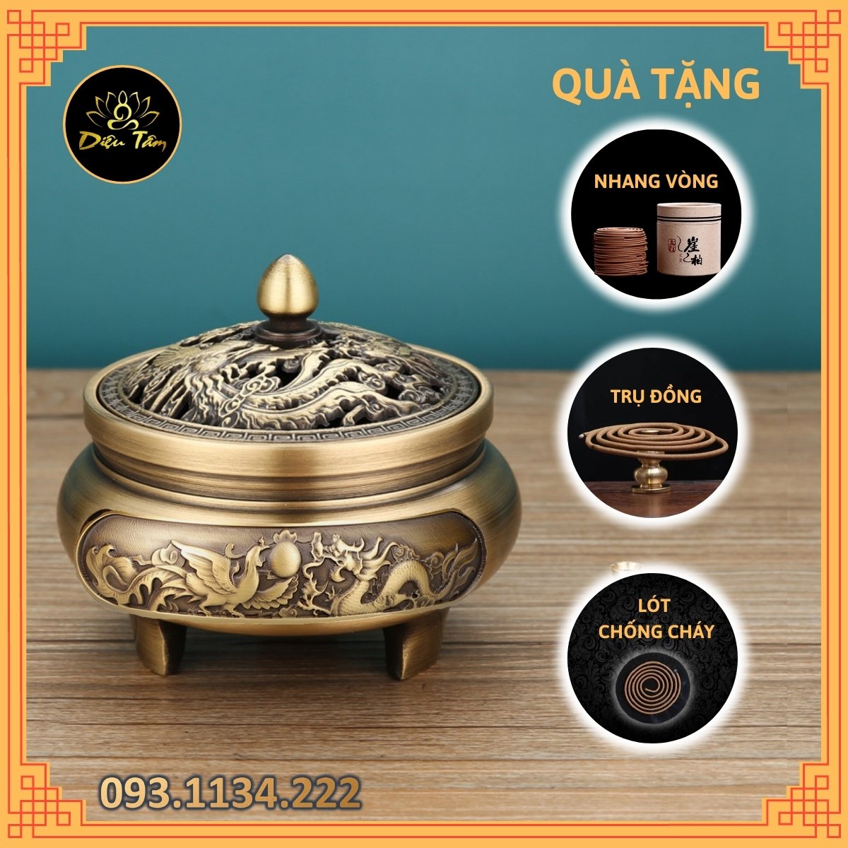 Lư xông Trầm hương chất liệu đồng nguyên khối khắc rồng phượng - chọn mẫu đôn , đế lư đồng thay lư điện Tặng trụ cắm