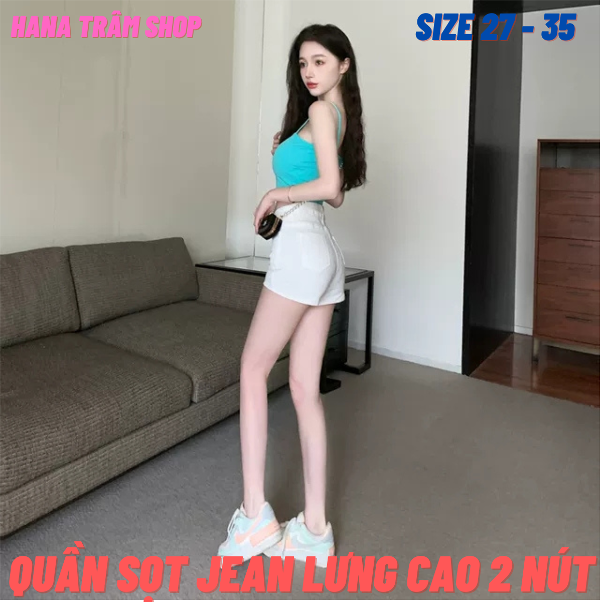 Quần Sọt Jean Nữ Lưng Cao Màu Trắng 2 Nút