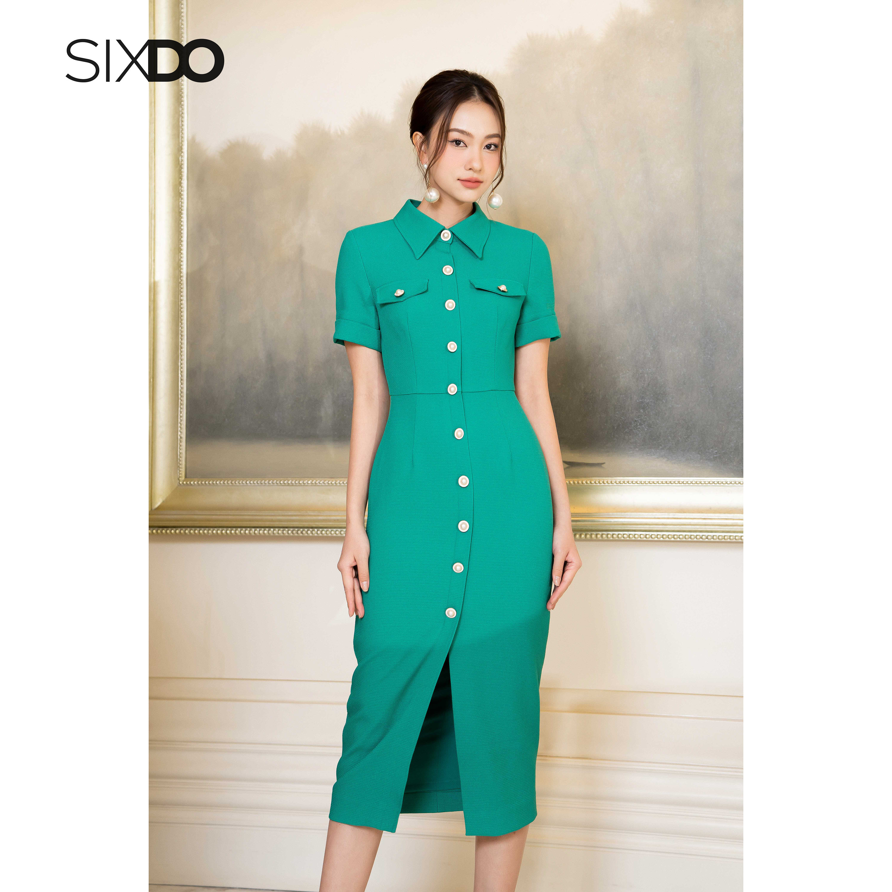 Đầm thô midi ngắn tay phối cúc ngọc thời trang SIXDO