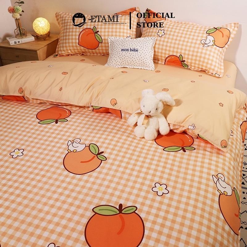 Bộ chăn ga gối đệm cao cấp cotton poly quả đào cam cute miễn phí bo chun drap giường , ga trải giường P08
