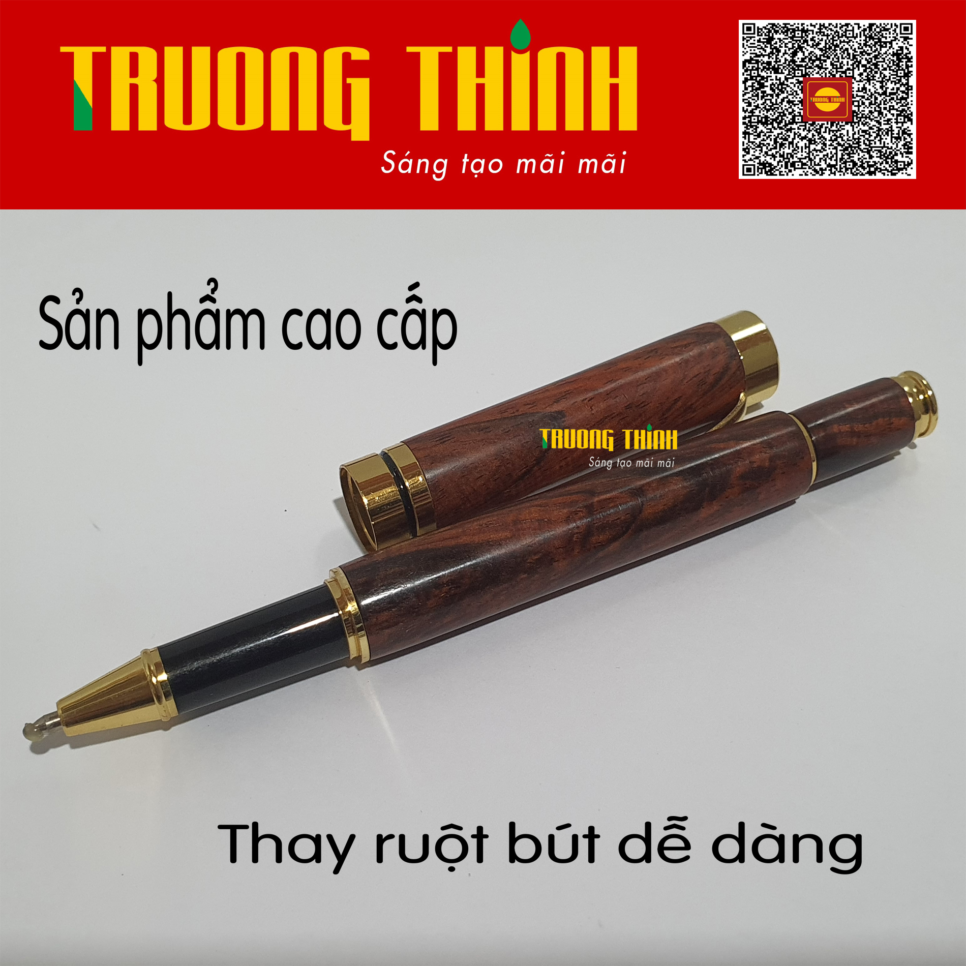 Bút Ký Gỗ Trắc Đỏ Đen Cao Cấp Chính Hãng Trường Thịnh Đẳng Cấp Doanh Nhân - Gắn Đồng Nguyên Khối. Loại Rút 14.5 cm