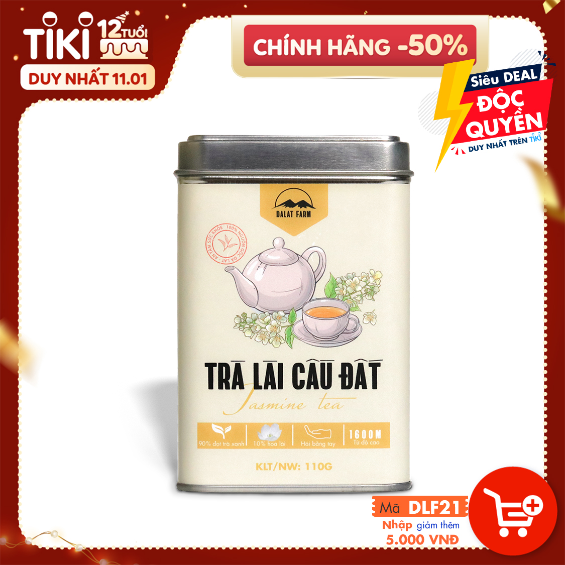 Trà Lài Cầu Đất Đặc Biệt - Hộp 110Gr (Trà hoa Nhài - Jasmine Tea) Dalat Farm