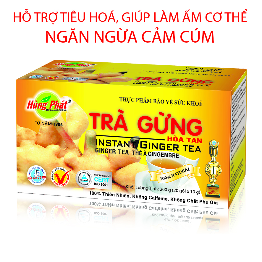 Trà gừng hòa tan 200g thương hiệu Hùng Phát - Giúp làm ấm cơ thể, chống cảm cúm, Thích hợp cho người ăn khó tiêu, người bị lạnh, tốt cho tiêu hóa