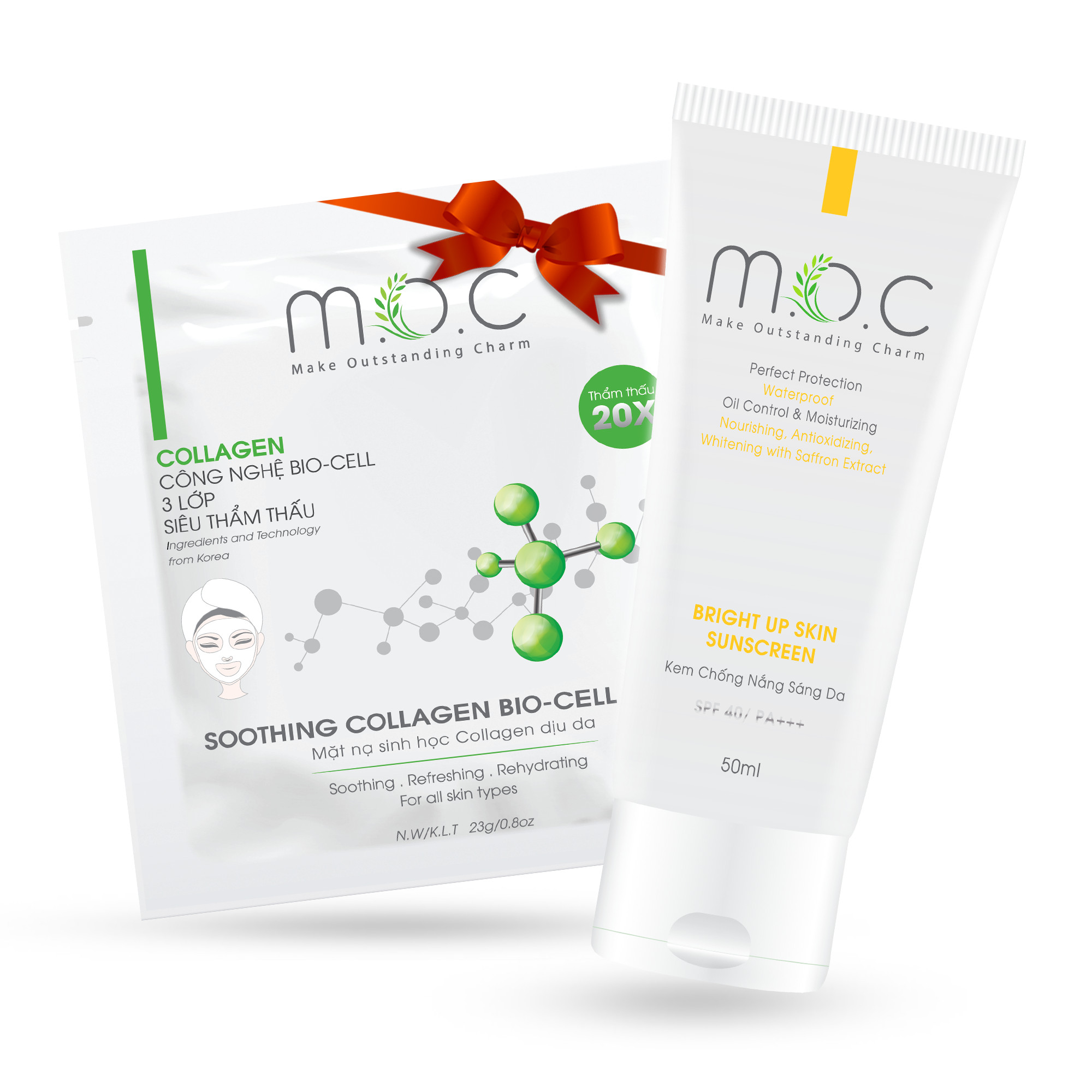 Kem Chống Nắng Sáng Da M.O.C - Tặng 1 Miếng Mặt Nạ Sinh Học Collagen Dịu Da M.O.C -  Kem chiết xuất Hoa Nghệ Tây (Saffron) SPF 40/PA+++, Nuôi dưỡng da, chống lão hóa, chống viêm, giảm kích ứng và trắng sáng da