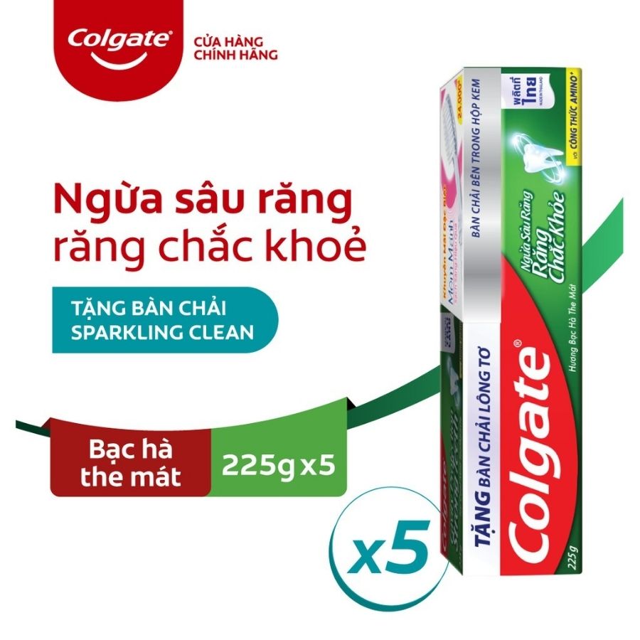 Bộ 5 kem đánh răng Colgate ngừa sâu răng răng chắc khỏe 225g/tuýp tặng bàn chải đánh răng lông tơ nhập khẩu Thái Lan