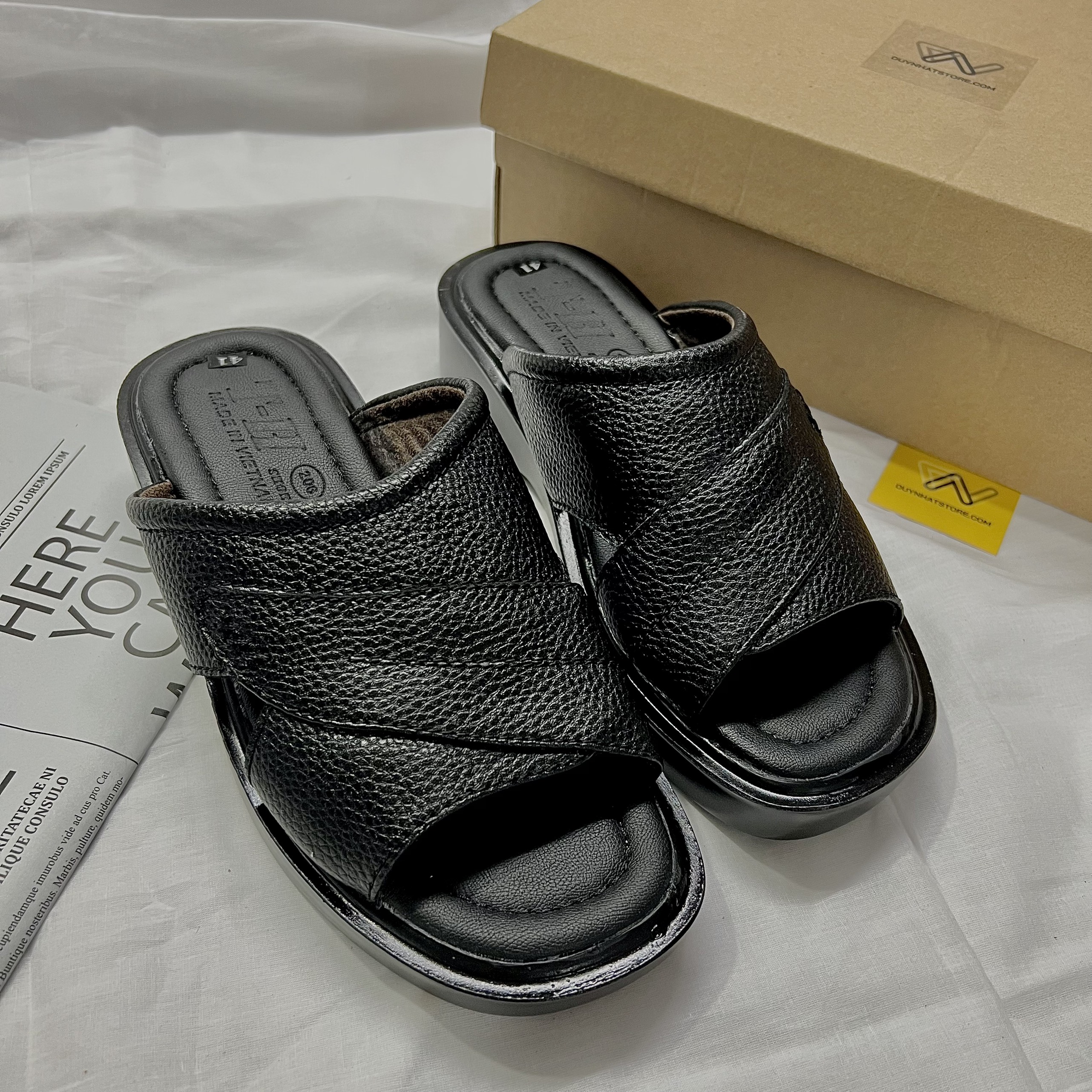 Dép Nam Nâu Đen Quai Ngang Chéo Trung Niên Da Bò Thật May Xung Quanh Giày Duy Nhật Store Đế Độn 5cm Cao Su Bền Đẹp Mềm