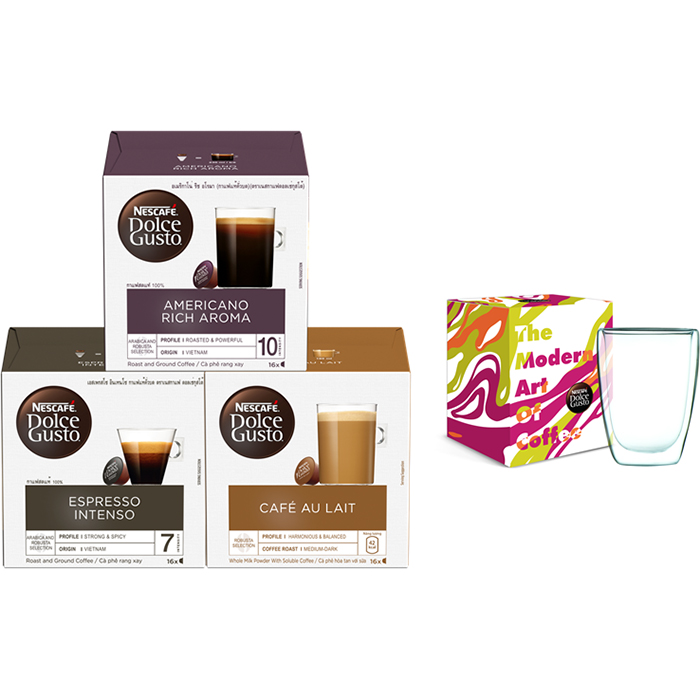 Combo 3 Hộp Cà Phê Viên Nén Nescafe Dolce Gusto Vị Espresso, Americano, Aulait Kèm 1 Ly Thủy Tinh 2 Lớp Cao Cấp