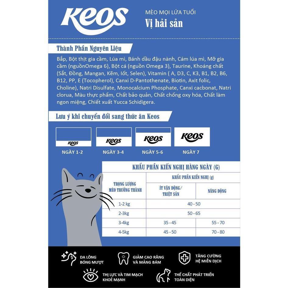 [Tặng kèm 400gr hạt] Thức ăn hạt Keos dành cho mèo mọi lứa tuổi vị hải sản bao xá 7kg