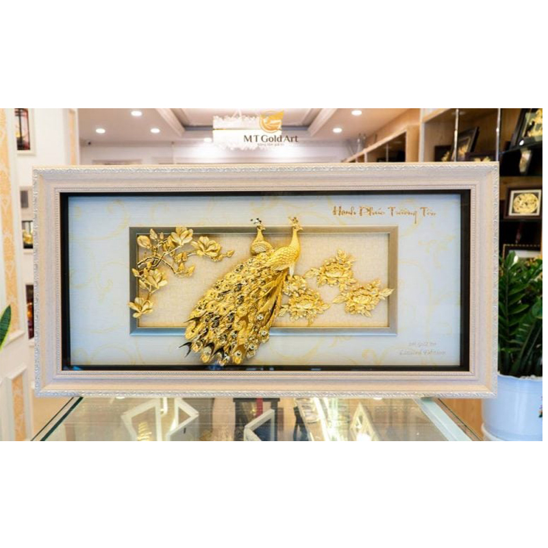 Tranh Đôi Chim công dát vàng (42x81cm) MT Gold Art- Hàng chính hãng, trang trí nhà cửa, phòng làm việc, quà tặng sếp, đối tác, khách hàng, tân gia, khai trương 