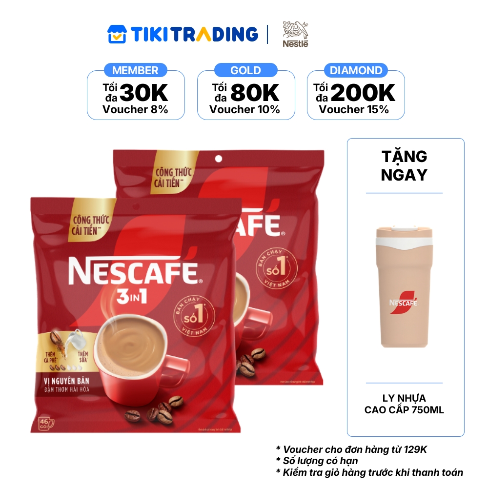[Tặng Ly nhựa Mochi cao có nắp đậy 2025 NESCAFE ] Combo 2 Bịch NESCAFE 3IN1 Công thức cải tiến – VỊ NGUYÊN BẢN Bịch 46 gói