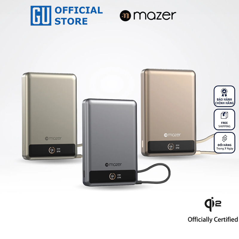 Pin Dự Phòng Không Dây Kèm Cáp MAZER MagLink70 Ai Qi2 15W/PD30W 10.000 mAh Chứng Nhận 3C Màn Hình Hiển Thị Thông Minh Hàng Chính Hãng