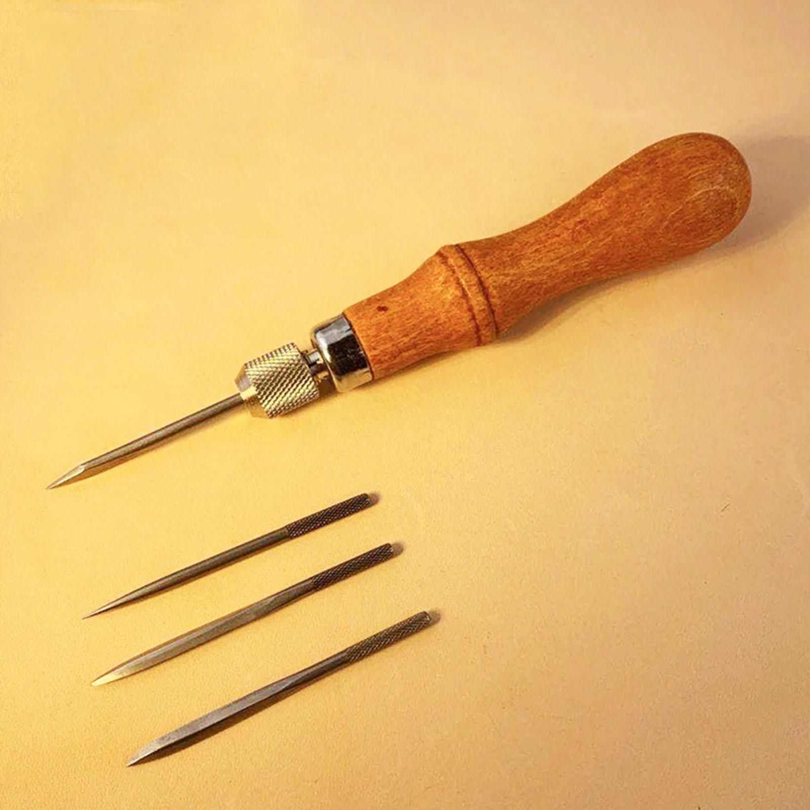 Professional Awl Tool Hand Sewing Repairing Wood Handle Leathercraft DIY