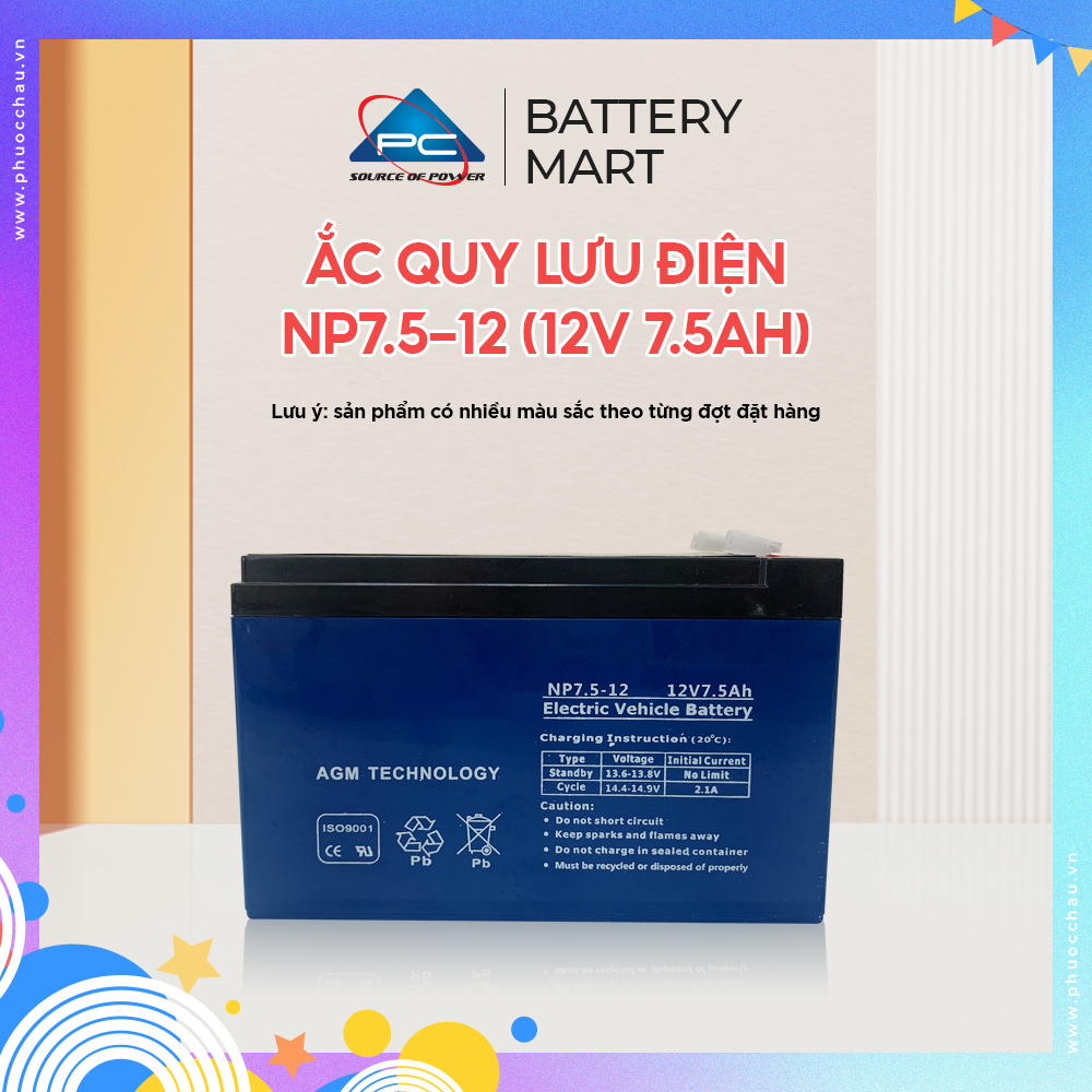 Bình Ắc Quy Khô NP7.5-12 12V - 7.5AH Cho Xe Đạp Điện, UPS, Loa Kéo, Bình Phun Thuốc Sâu, Cửa Cuốn