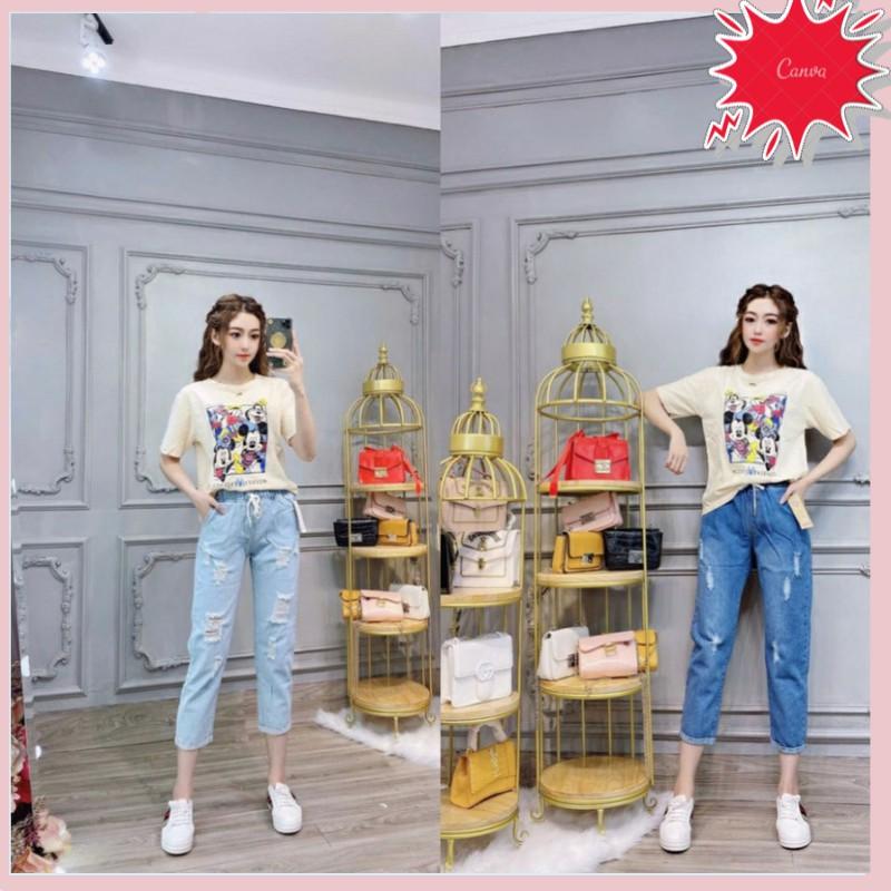 Quần jeans baggy rách dáng lửng ống xăn lai cao cấp màu xanh nhạt xanh đậm