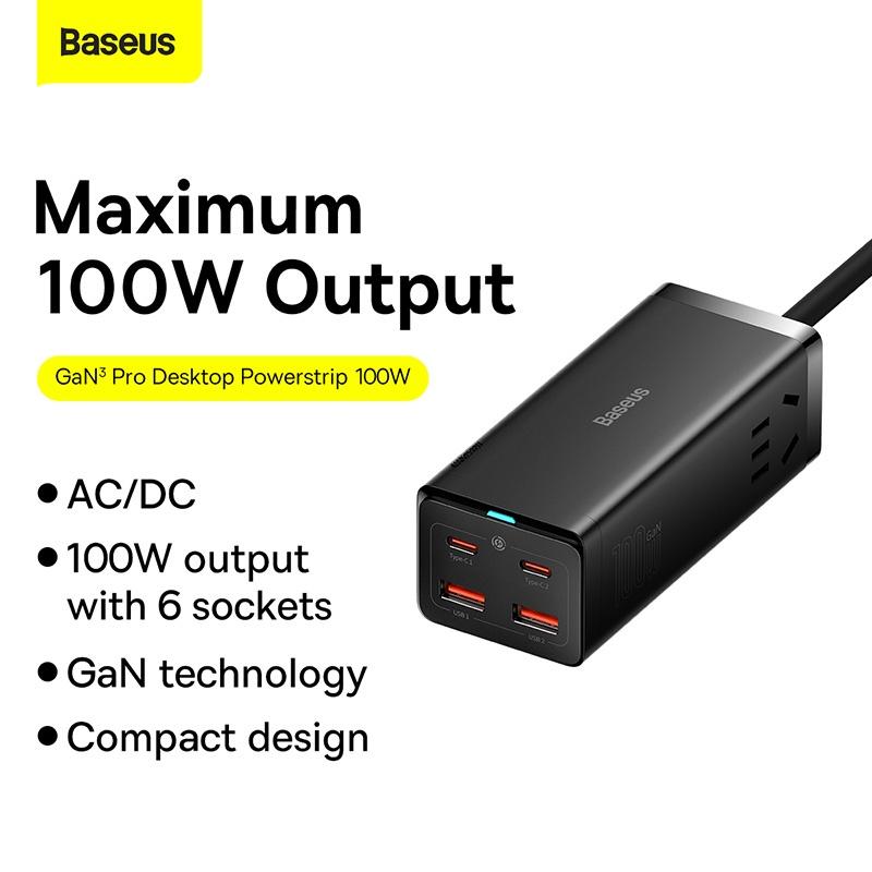 Cốc Sạc Nhanh Baseus 100W GaN3 Pro Desktop Powerstrip 6 in 1 AC 100V-220V