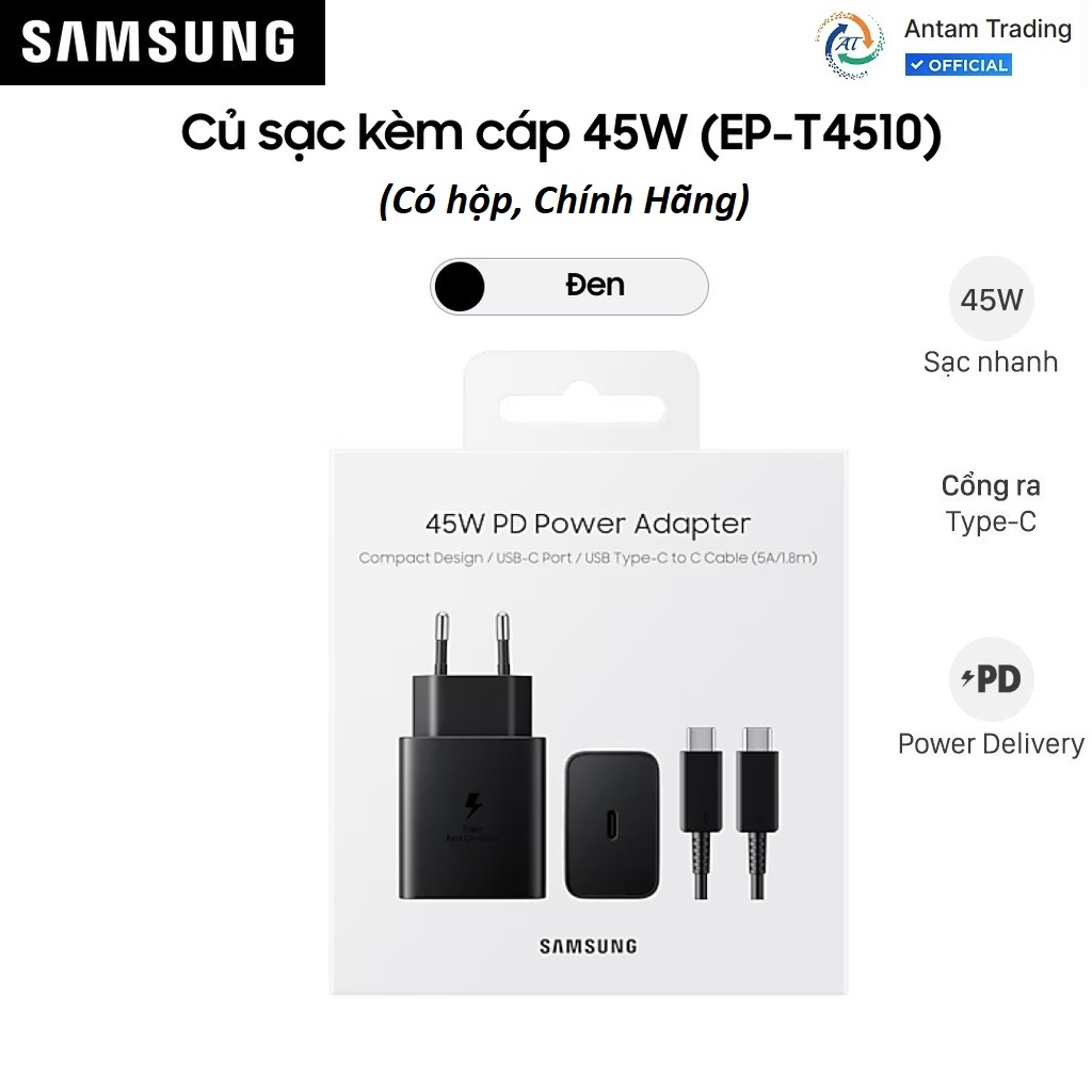 Bộ sạc Samsung 45W (Kèm cáp C-C 5A, 1.8m) (EP-T4510) - Hàng Chính Hãng