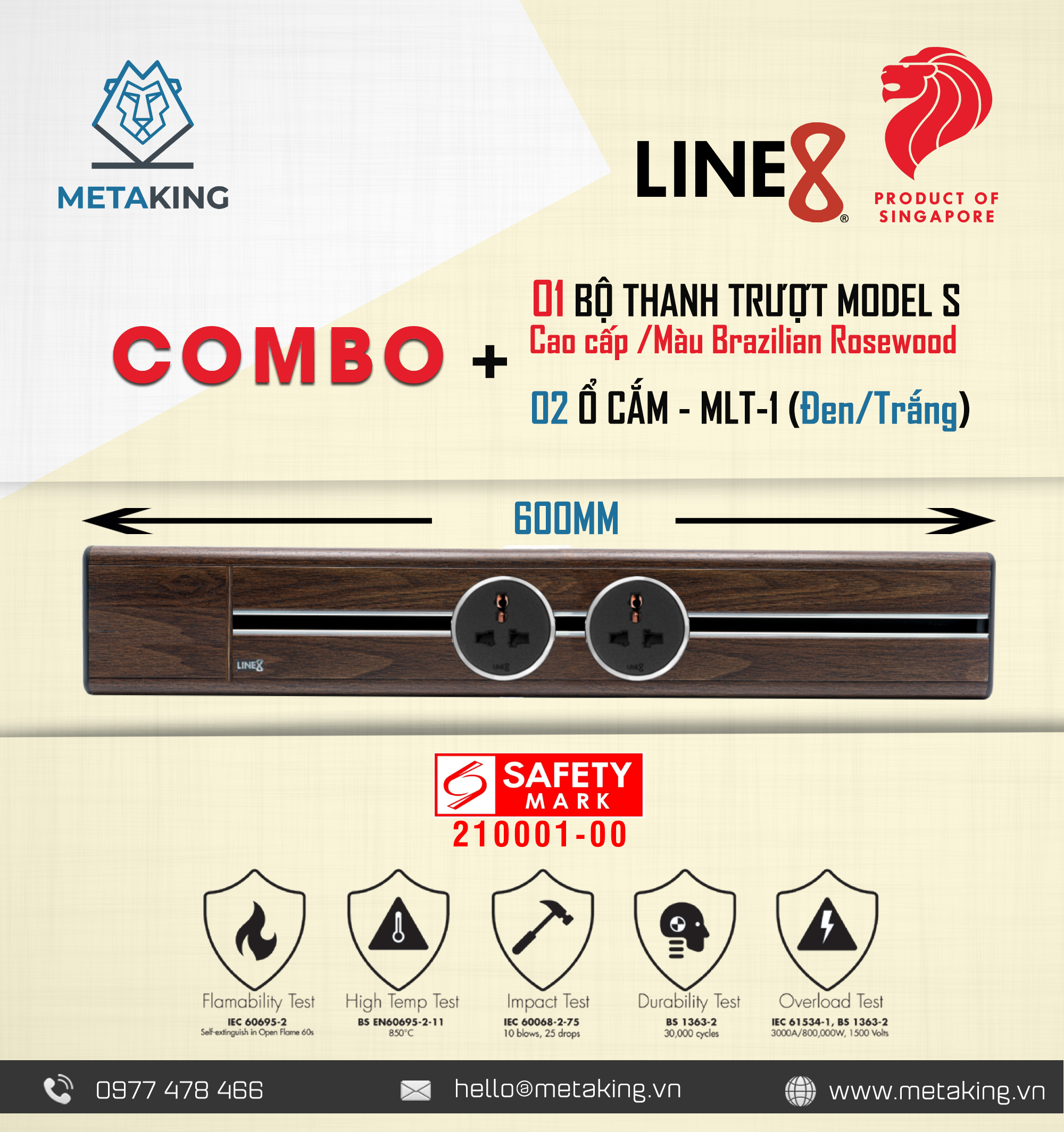 COMBO [ 1 Thanh Ray Dẫn Điện Line8 Model S (600mm/Cao Cấp/Màu Brazilian Rosewood) + 2 Ổ Cắm MLT-1 (Đen/Trắng) ]