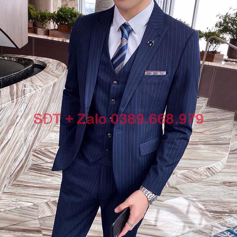 Vest Nam Hàn Quốc Kẻ Sọc, Bộ Vest Nam Kẻ Sọc Xanh Than, Suit Nam, Bộ Suit Nam Chất vải sịn