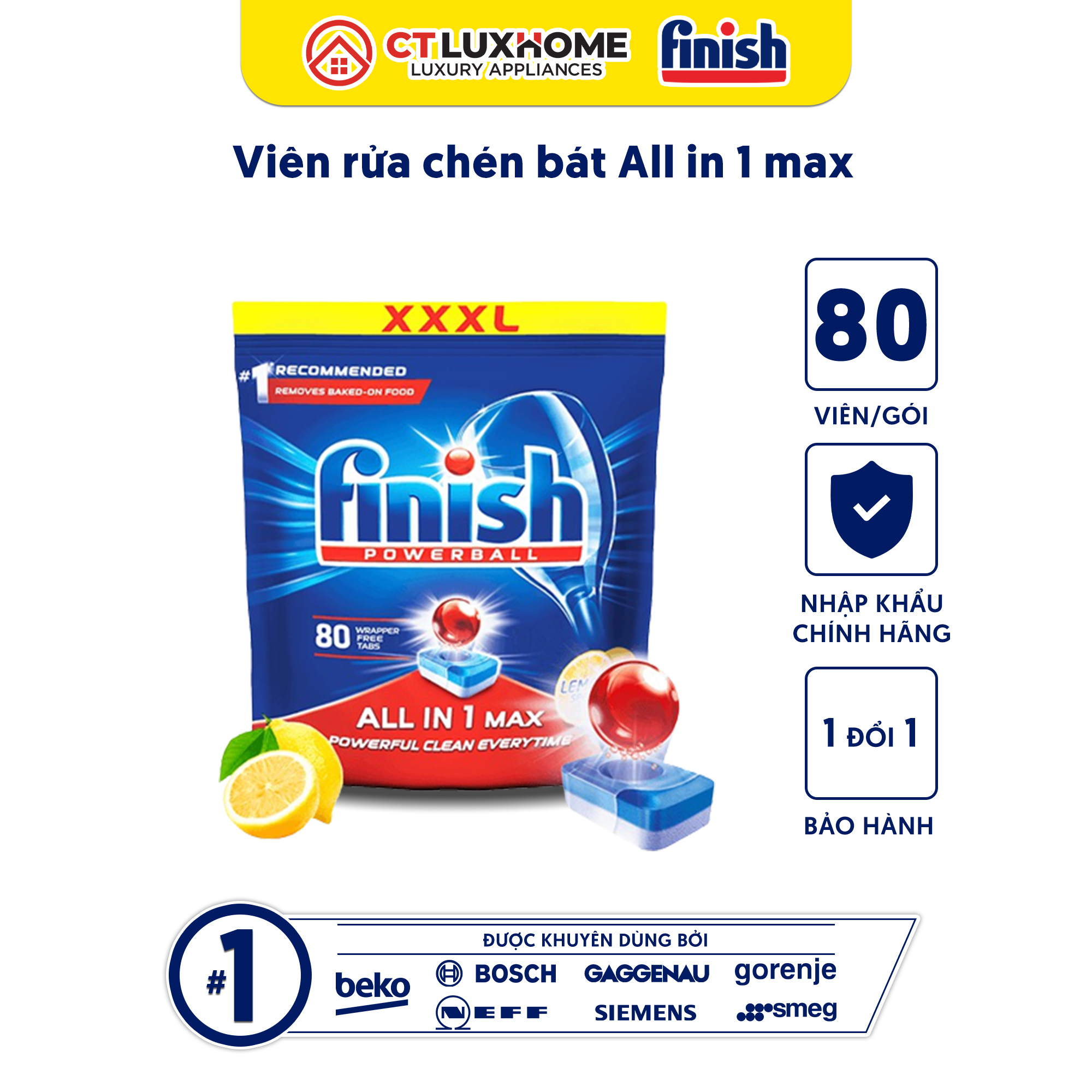 Viên rửa chén bát Finish All In One Max 80 viên