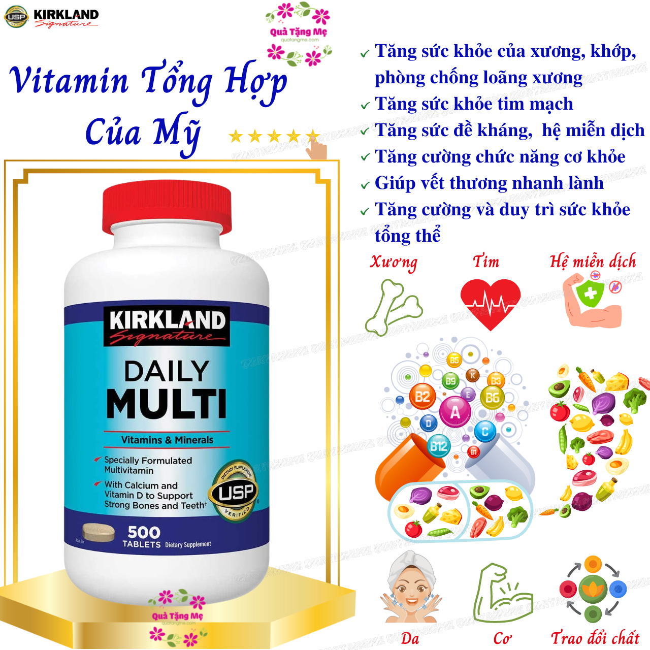 Vitamin Tổng Hợp Multivitamin Kirkland 500 Viên cho người dưới 50 tuổi, bổ sung vitamin khoáng chất cho cả nam va nữ, tăng cường hệ miễn dịch, sáng mắt, giảm căng thẳng mệt mỏi