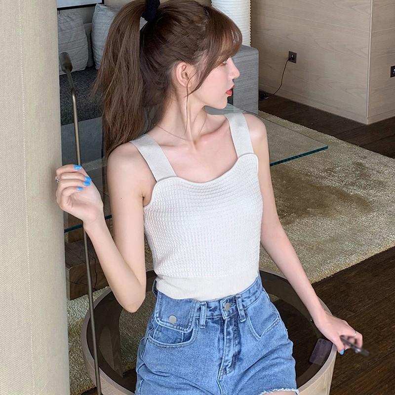 Áo Croptop Dệt Kim Sát Nách Cổ Vuông Màu Trơn Xinh Xắn Cho Nữ