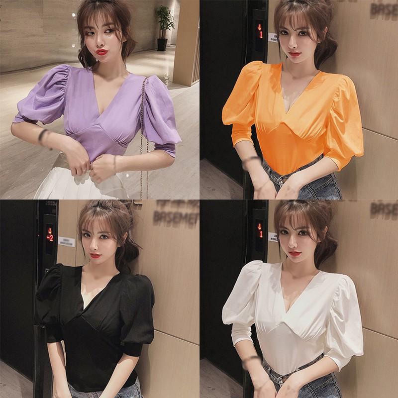 Áo Sơ Mi Tay Ngắn Cổ Chữ V Màu Trơn Thời Trang Dành Cho Nữ