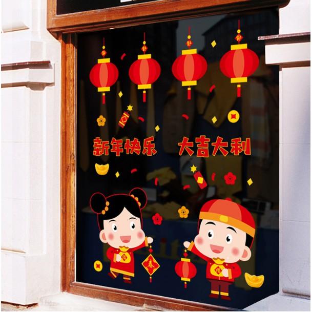 Decal trang trí tết - Bé Trai Bé Gái má hồng đón xuân