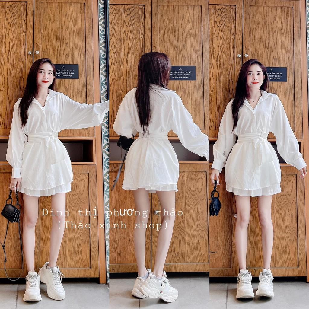 Áo Sơ Mi Và Chân Váy Tennis Trắng Áo Sơ Mi Nữ Trắng Dài Tay Có Đai Eo Chân Váy Tennis Có Quần Trong LANI SHOP