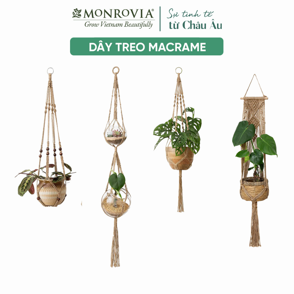 Hình ảnh Combo 4 dây treo chậu cây Macrame MONROVIA, trang trí trong nhà, sân vườn, đan thủ công tỉ mỉ, Tiêu chuẩn Châu Âu