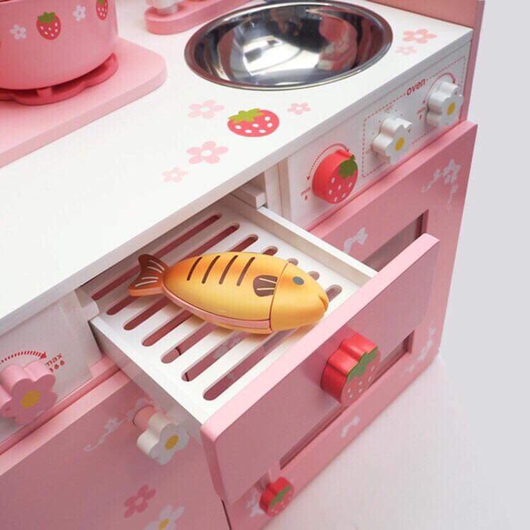 Bếp Nguyên khối hồng 1 dâu kèm chân kê- đồ chơi gỗ