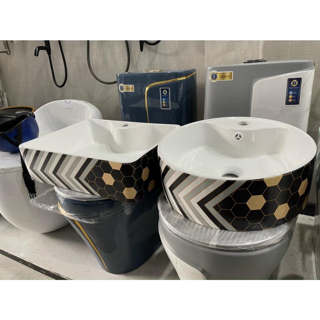Bồn Lavabo Sứ Tròn Hoạ Tiết Hoa Văn đen