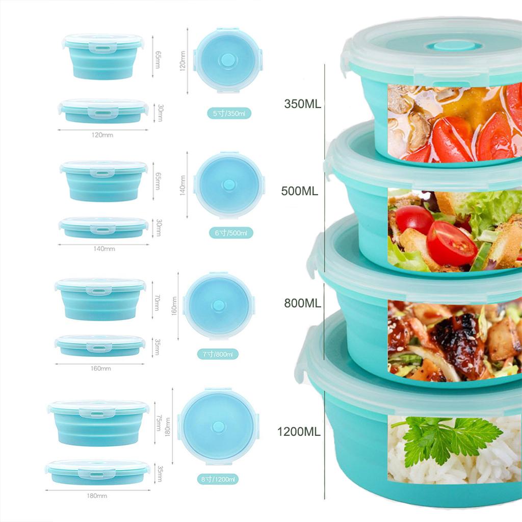 Round Lunch Container Food Grade Silicone Storage Collapsible Bowl with Airtight Lids Microwave Refrigerator Freezer Safe