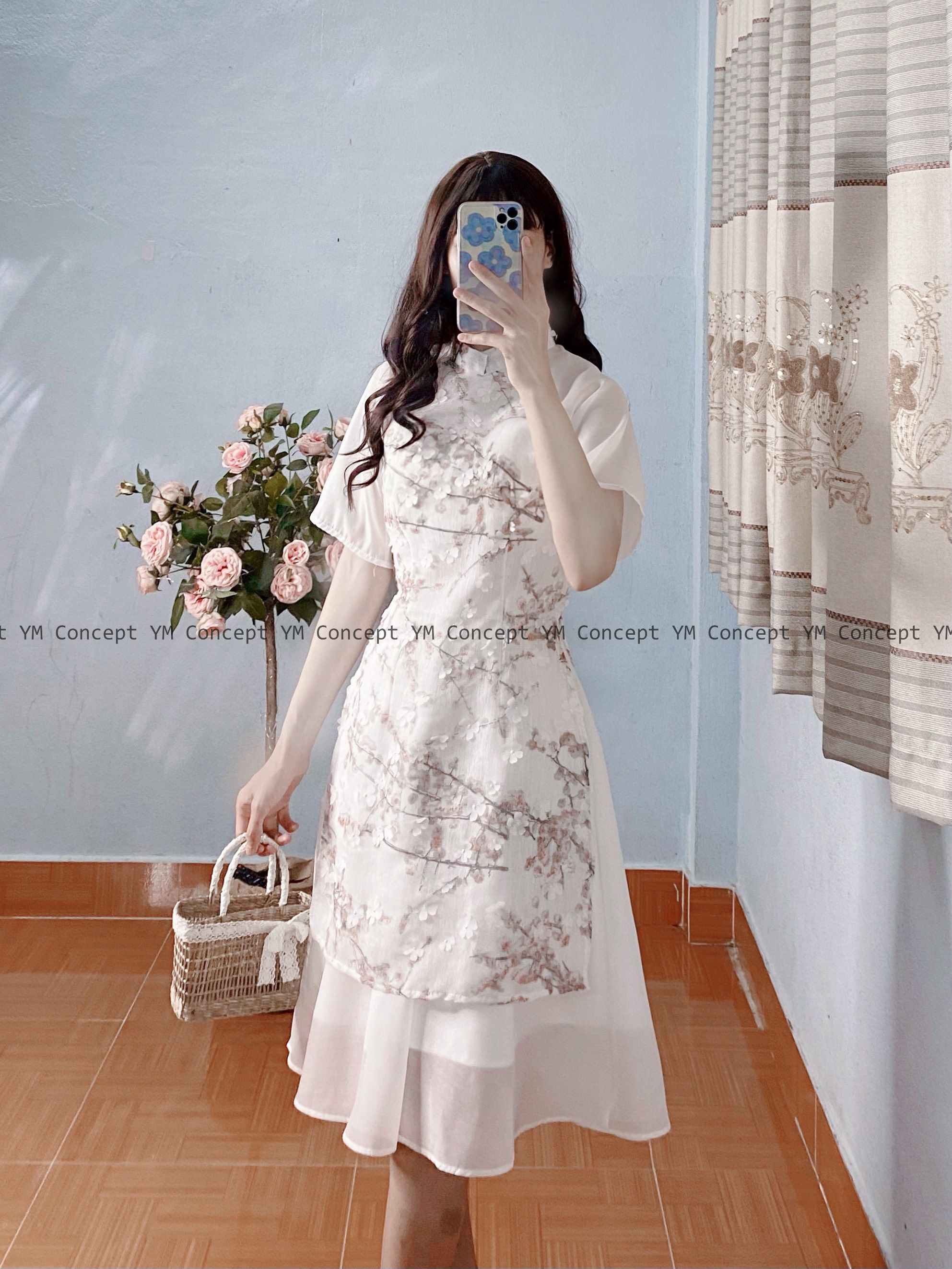 Sét áo dài hoa nổi phối voan tay lửng - D0099