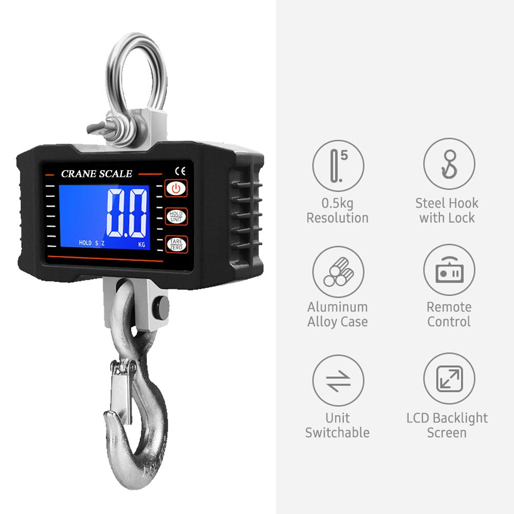 Digital Hanging Scale with Remote Control 1000kg/ 2204lbs Portable Heavy Duty Crane Scale LCD Backlight Industrial Hook Scales Unit Change/ Data Hold/ Tare/ Zero for Construction Site Travel Market Fishing Outdoor Work