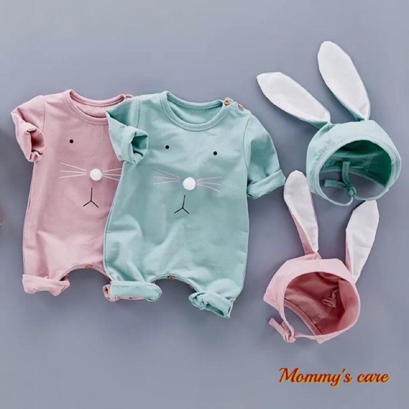 Set Body dài tay thu đông kèm mũ tai thỏ siêu đáng yêu cho bé sơ sinh 0-2 tuổi