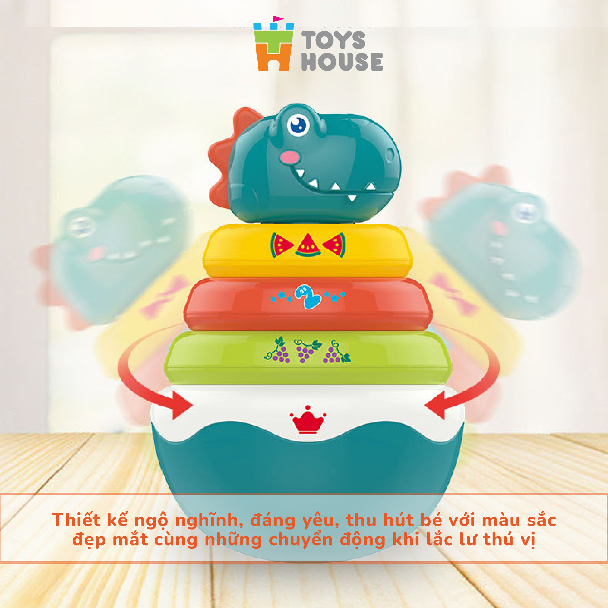 Đồ chơi lật đật kết hợp vòng xúc xắc xếp tháp màu sắc hình khủng long ToysHouse HE0298