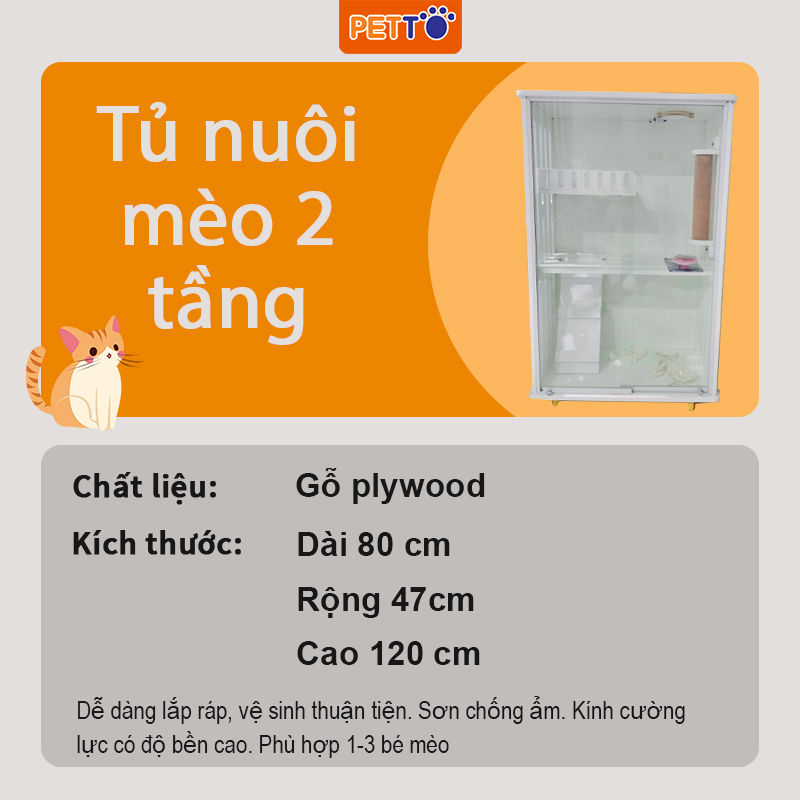 Tủ nuôi mèo bằng GỖ 2 tầng có hệ thống ĐÈN LED chất liệu gỗ an toàn màu trắng XINH XẮN cho thú cưng CC012_3