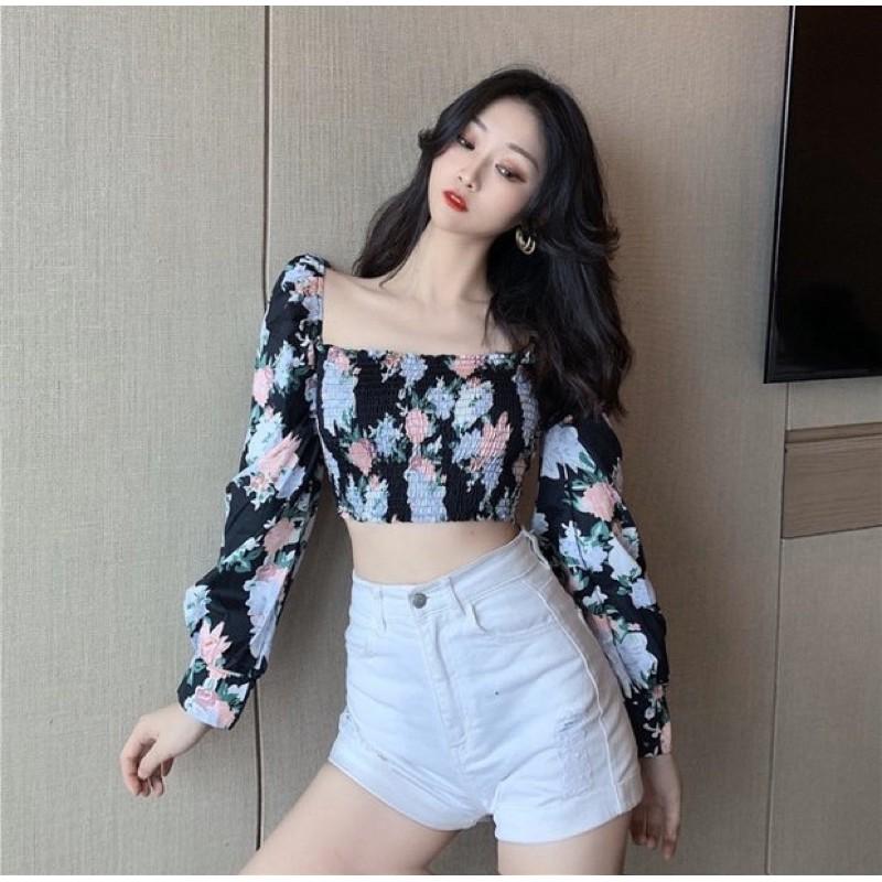 Áo croptop hoa lụa thắt nơ ngực sexy 2021