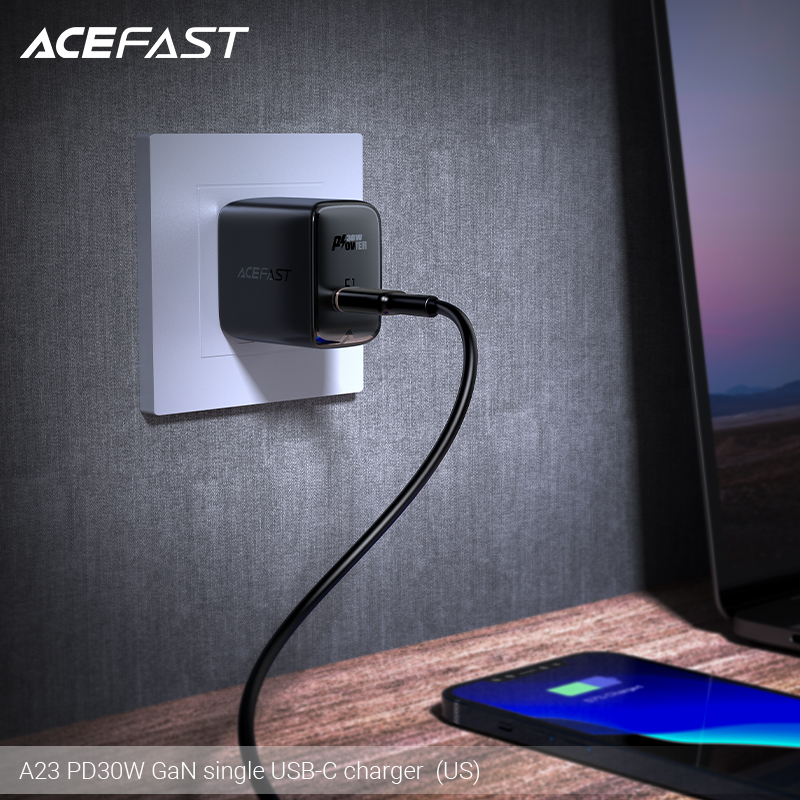 Adapter Sạc Acefast Gan PD 3.0 30W 1 Cổng USB Type-C Chuôi Dẹt US A23 - Hàng Chính Hãng