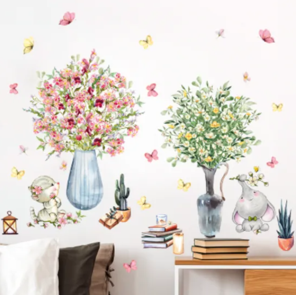 Decal trang trí tường - Chú voi và chú mèo cùng 2 bình hoa xinh