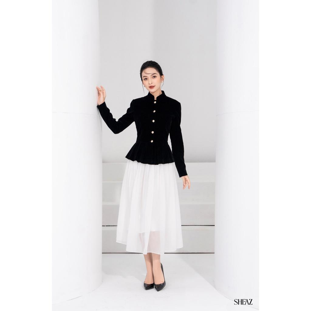 SHEAZ Áo vest blazer nhung đen thu đông cúc đồng dáng peplum