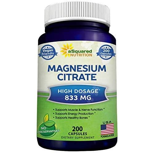 Pure Magnesium Citrate 833mg Supplement - 200 Veggie Capsules - Max Strength Vegan Mag Citrate Powder Pills to Support Function of Muscles, Heart &amp; Bones - Helps Calm Nerves &amp; Increase Energy