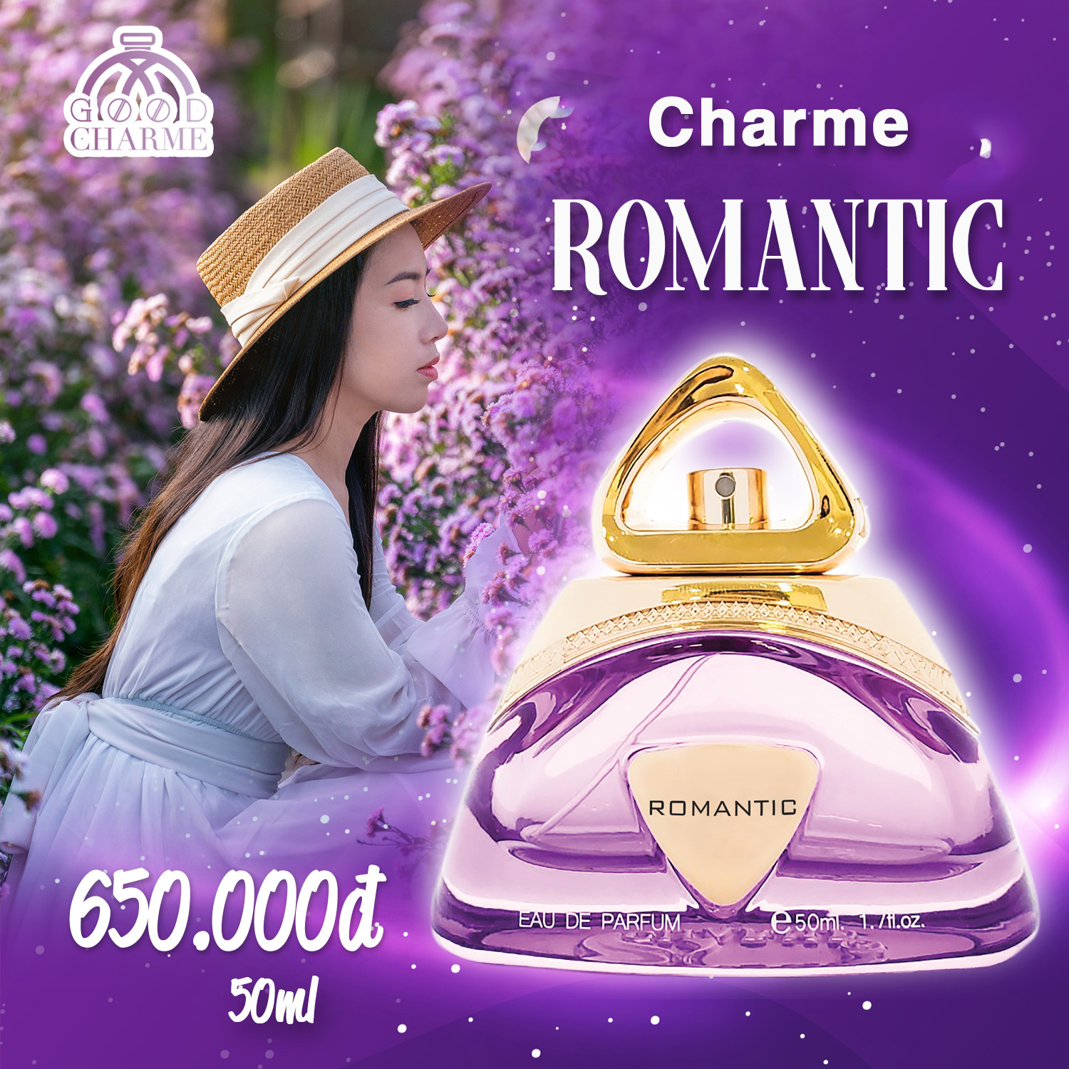 Nước hoa nữ cao cấp, Charme Romantic, chiết xuất hạt cây bụp vang, nốt hương dịu mát, ngọt ngào, 50ml