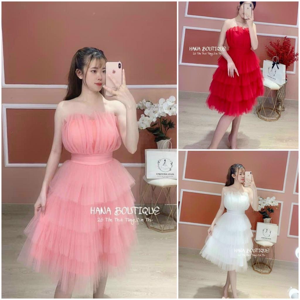 Đầm xoè lưới công chúa cúp ngực xếp tầng xinh xắn