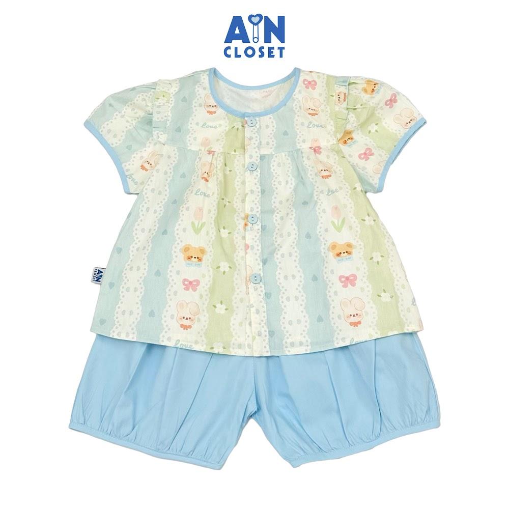 Bộ quần áo Ngắn bé gái hoạ tiết Gấu Thỏ Xanh Cotton - AICDBGQLS5UG - AIN Closet