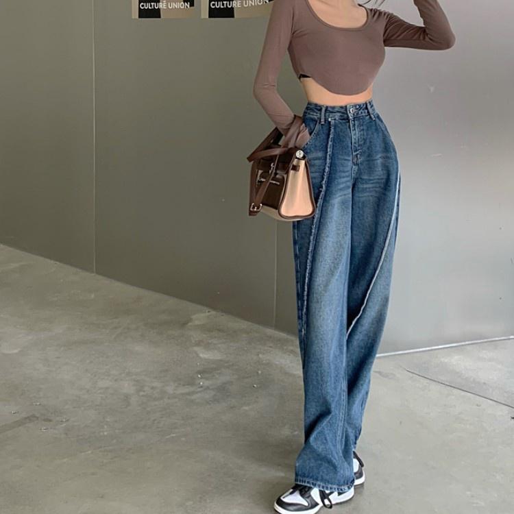 Quần Jeans Nữ Ống Rộng Gân Chéo Dáng Thụng Tôn Dáng