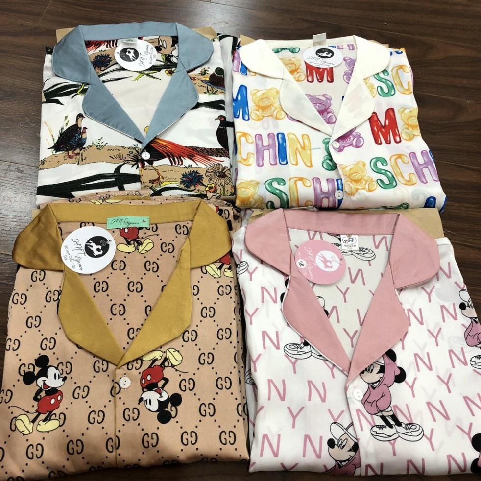freeship Bộ đồ ngủ pijama dài tay lụa cao cấp Satin họa tiết mickey nâu siêu đẹp ( Hàng loại đẹp)