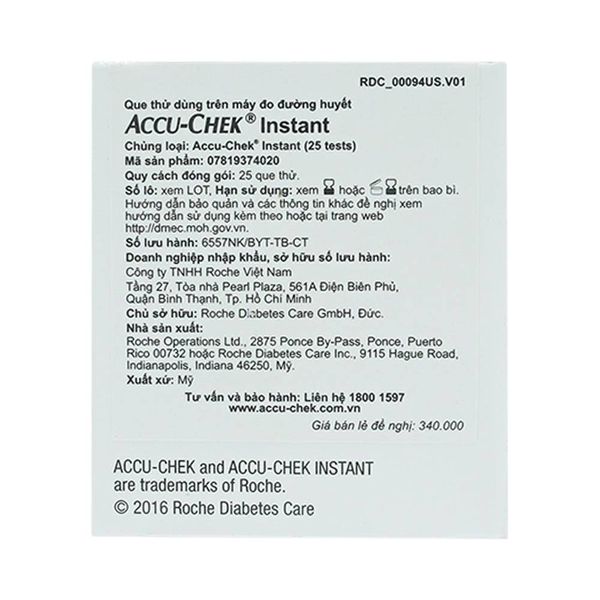 Hộp 25 que thử đường huyết Accu-Chek Instant, date dài, NK chính ngạch, tem niêm phong, nhãn phụ