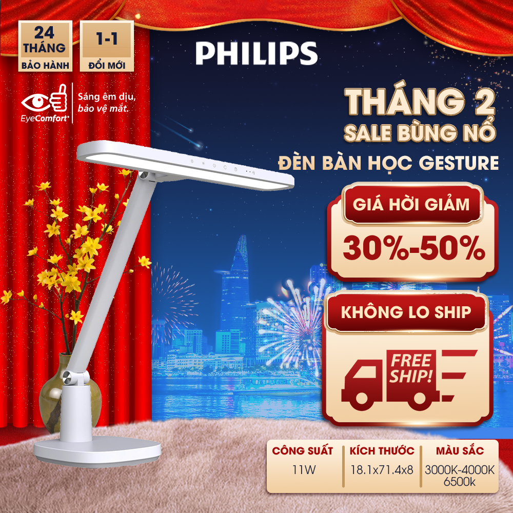 Đèn bàn học Philips GESTURE - Đổi màu và điều chỉnh độ sáng - Công suất 11W - Bảo vệ mắt vượt trội