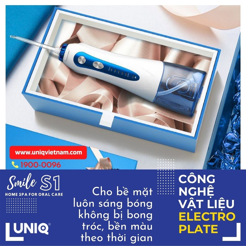 Tăm Nước Cầm Tay UNIQ Smile S1 Nhật Bản Cao Cấp Màu Trắng Xanh Máy Vệ Sinh Răng Miệng Mini Tốt May Tam Nuoc Waterpik Gia Đình Không Dây Xịt Xỉa Rửa Làm Sạch Kẽ Răng Niềng